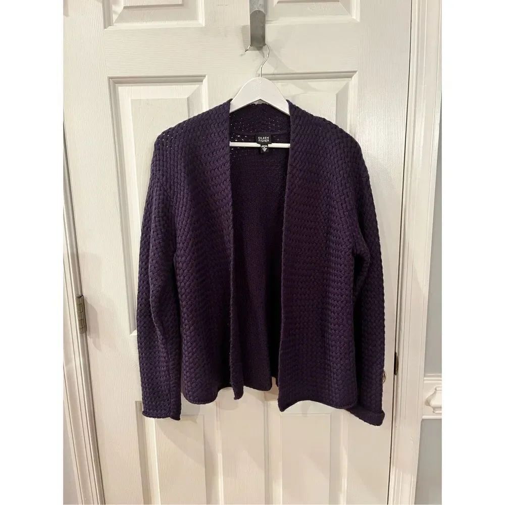 Eileen Fisher Navy Soft Italian Wool Basket Weave Open Front Cardigan sz M EUC